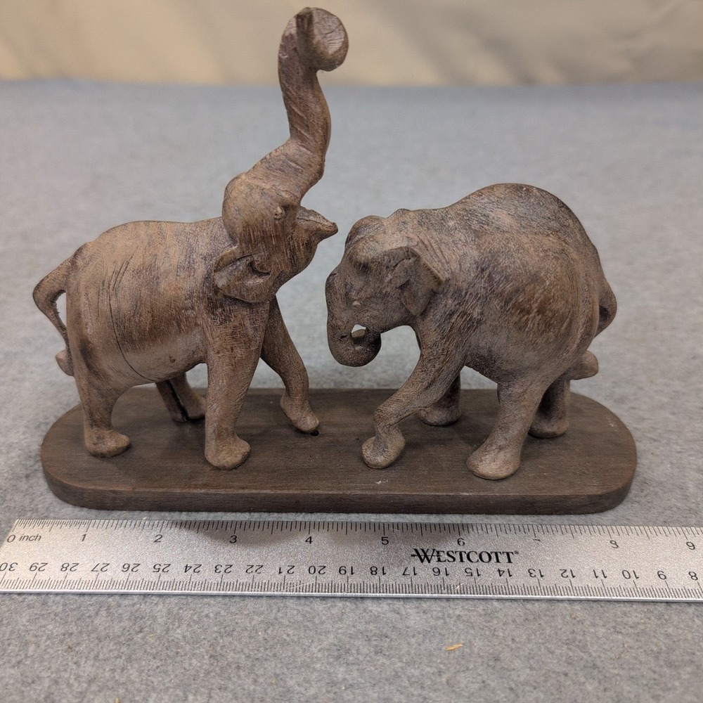 Hand Carved Wooden Elephant Figurine Pair on Base Brown Rustic Home Decor - Picture 3 of 5